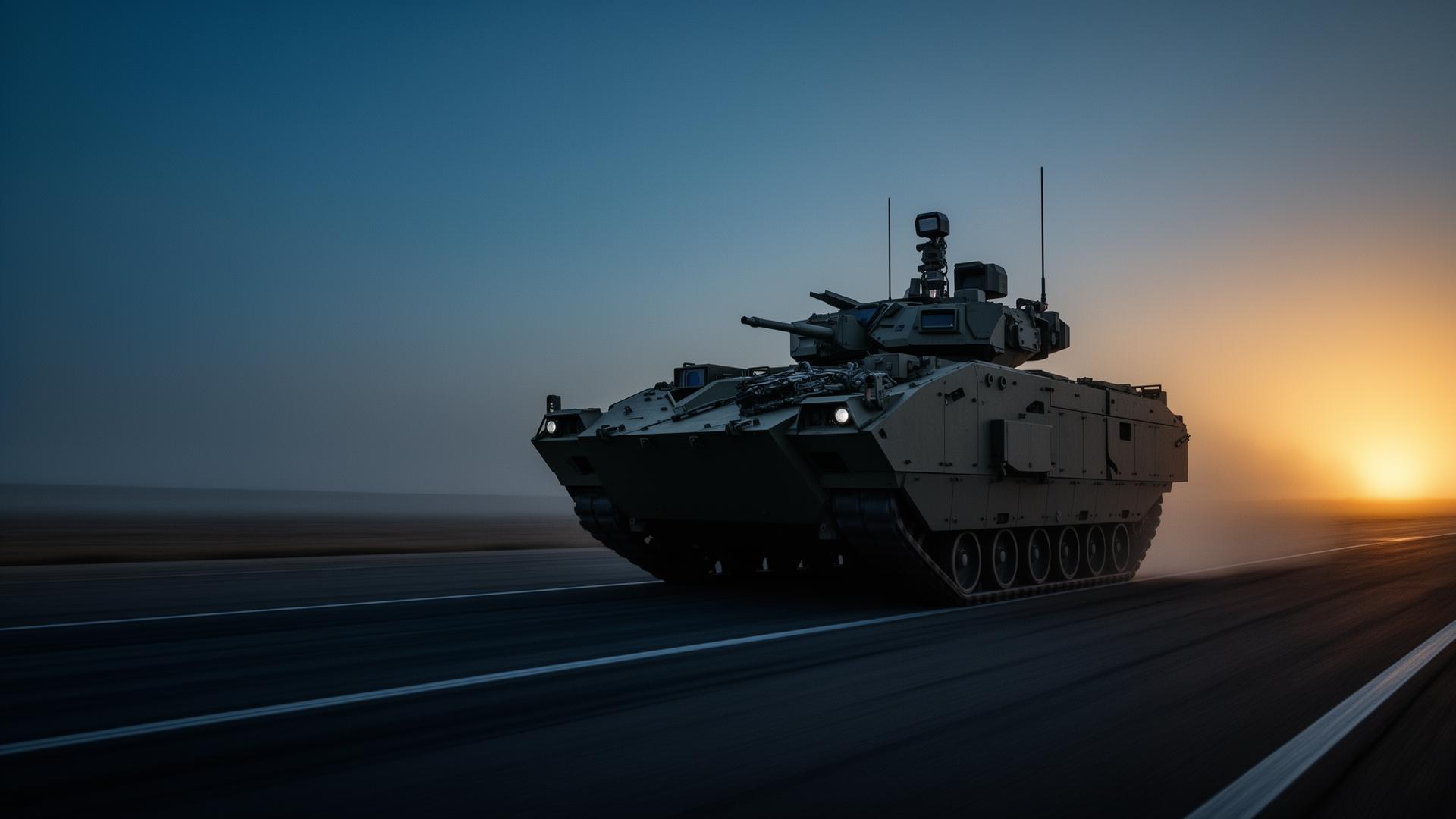 Next-generation U.S. Army ground combat vehicle on a test track at dusk